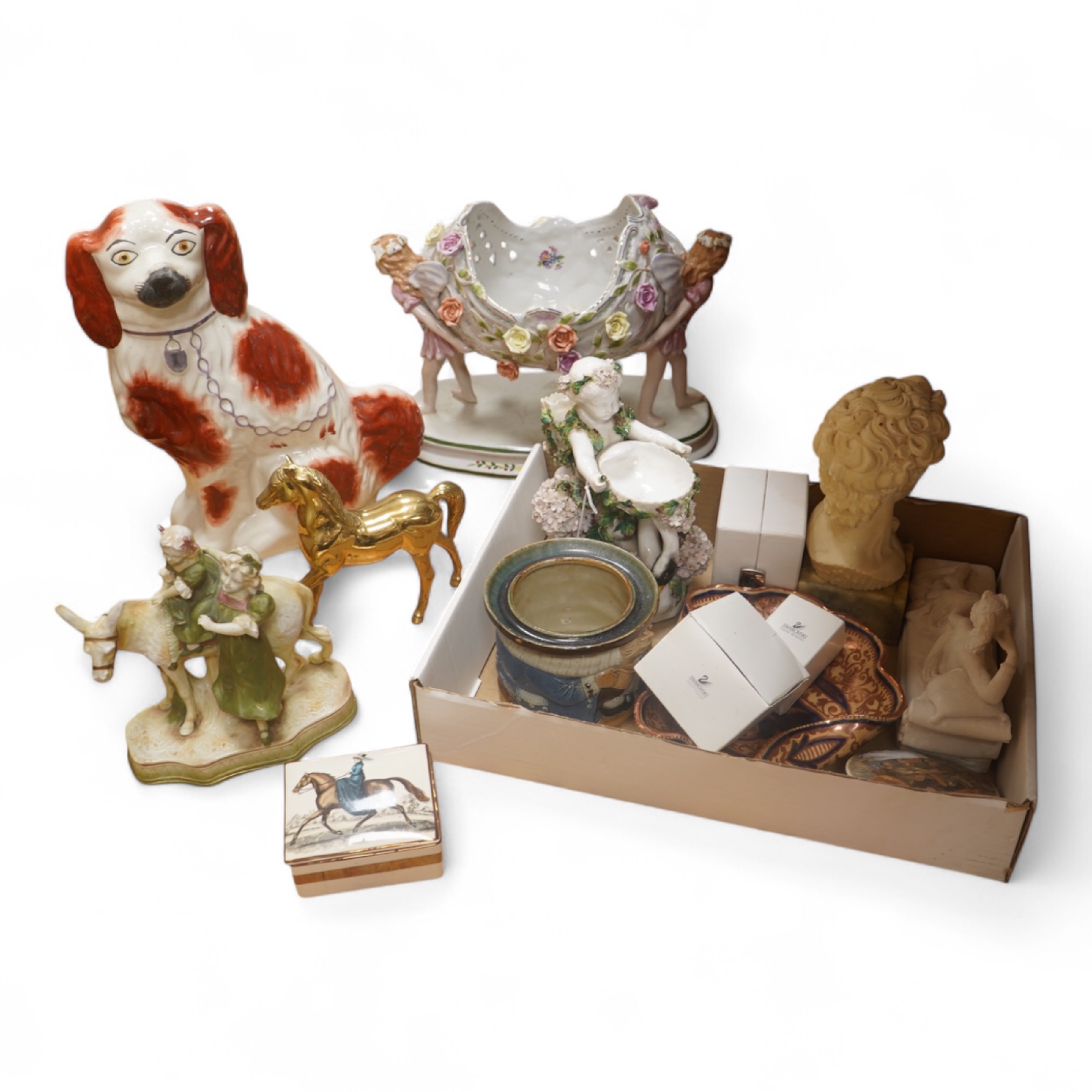 A schneeballen figure, Staffordshire dog, Doulton jar and mixed decorative china etc., tallest 36cm high. Condition - variable